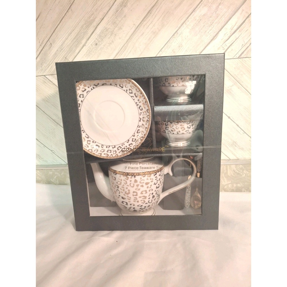 Grace Teaware Fine Porcelain 7-Pc Boxed Tea Time Set Leopard Print Gold & White